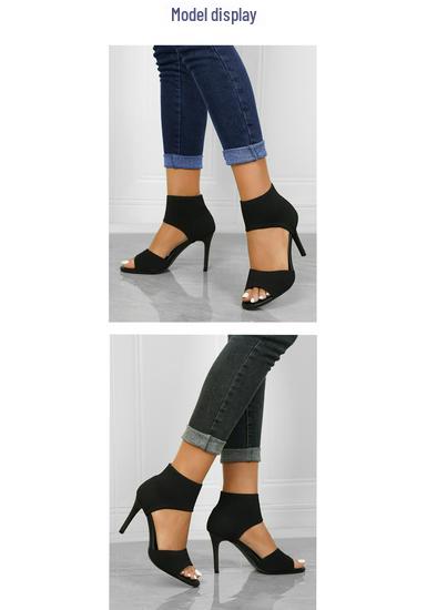Women's Black Summer High-Heeled Sandals with Comfortable Woven Upper and Thin Heel