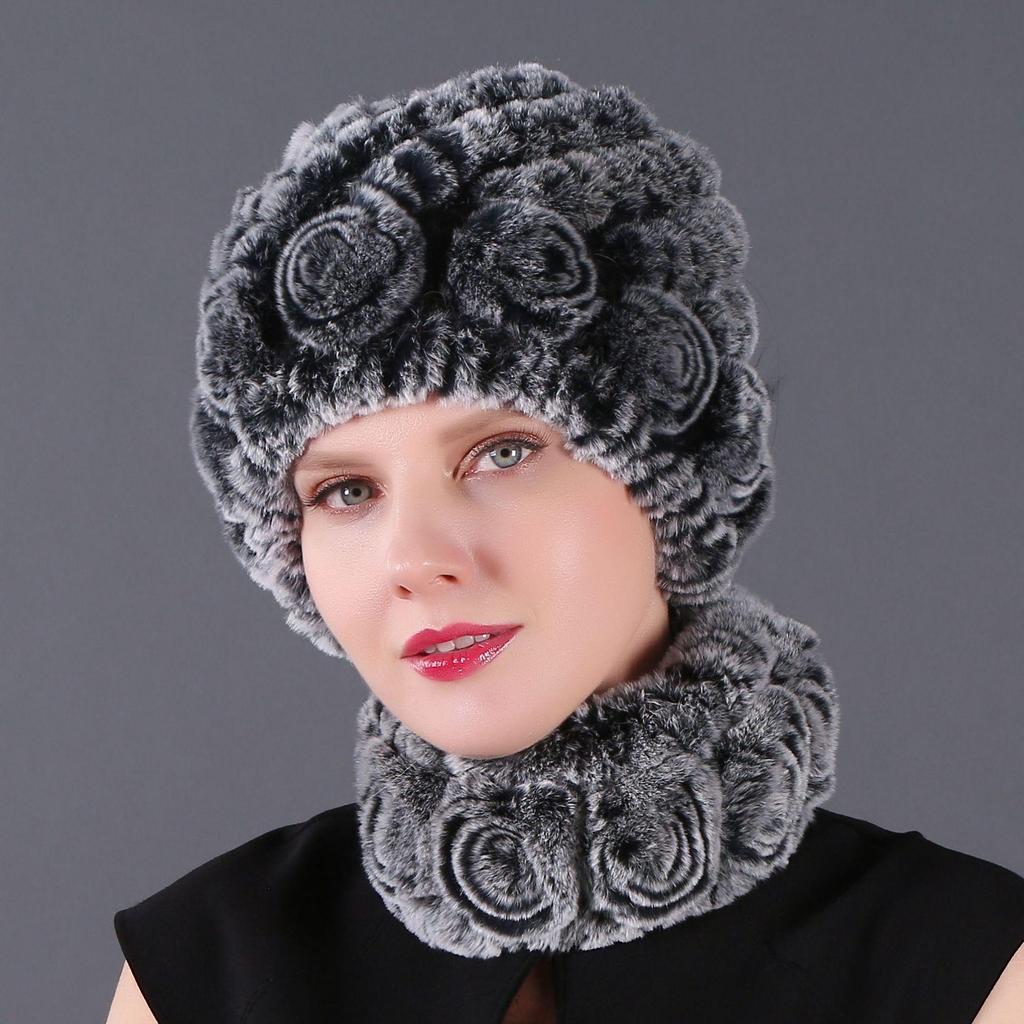 Wholesale New High-quality Rex Rabbit Fur Accessories Autumn and Winter Women's Versatile Warm Hat Scarf Two-piece Set