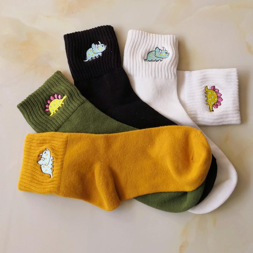 Women's Mid-Calf Cotton Socks - Embroidered Dinosaur Design for Autumn/Winter
