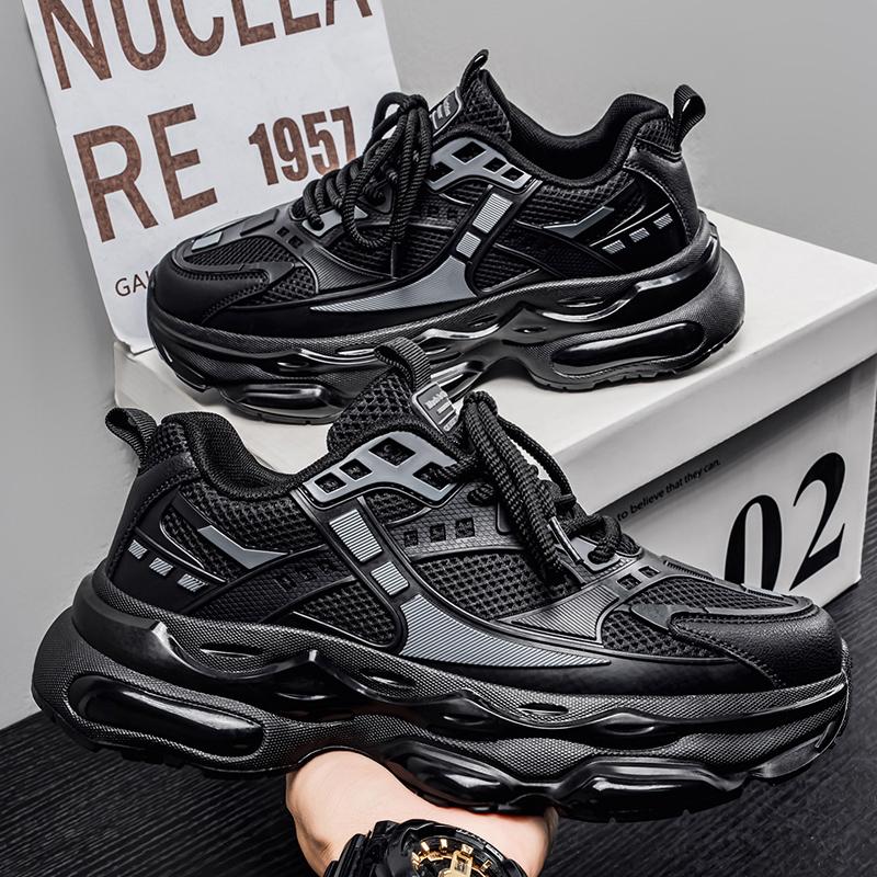 Pure Black Men's Casual Sneakers Outdoor Sports Shoes Breathable Wear-resistant Rubber Outsole Comfortable Shoes for Men