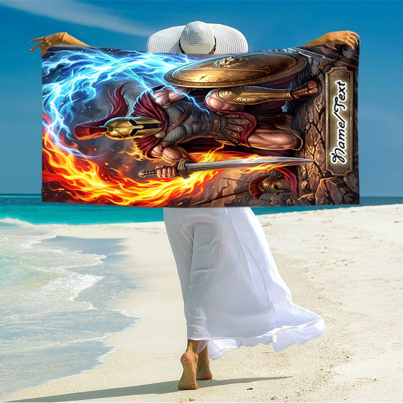 1PC Custom Name "Warrior's Flame Shield" Beach Towel Highly Absorbent And Sand-Resistant Towel for Swimming, Pool, Yoga, And Travel Lightweight