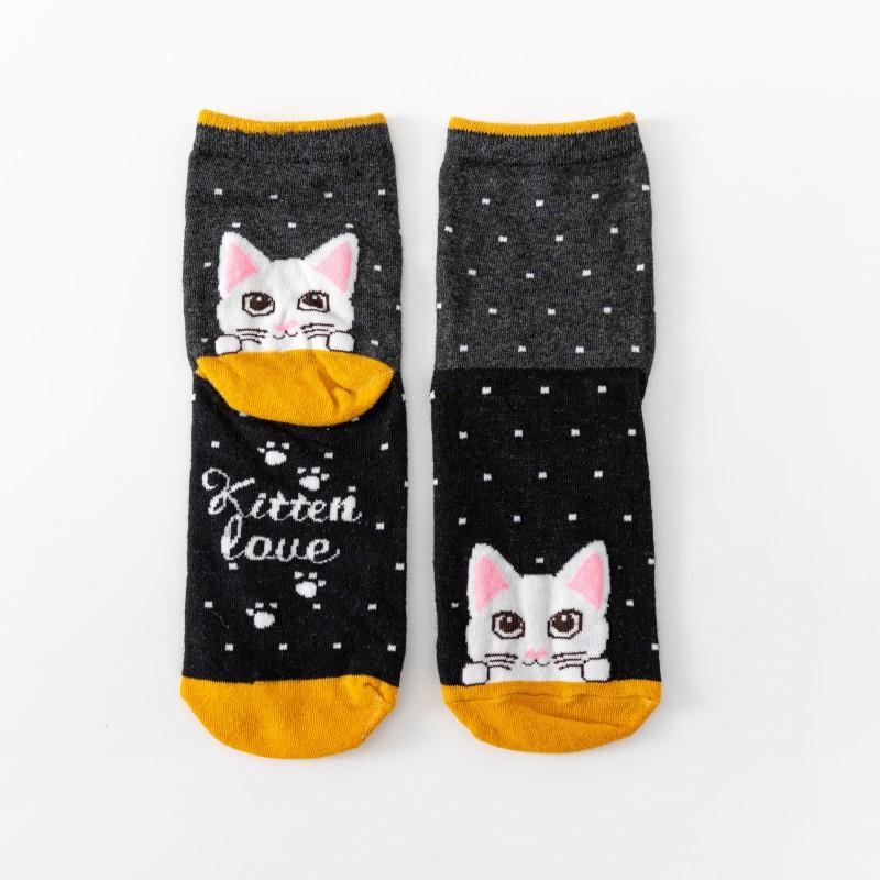 Cat Pattern Women Round Neck Cotton Socks Cute Fun Cartoon Printed Comfortable Sweat Absorbing Breathable Casual Socks