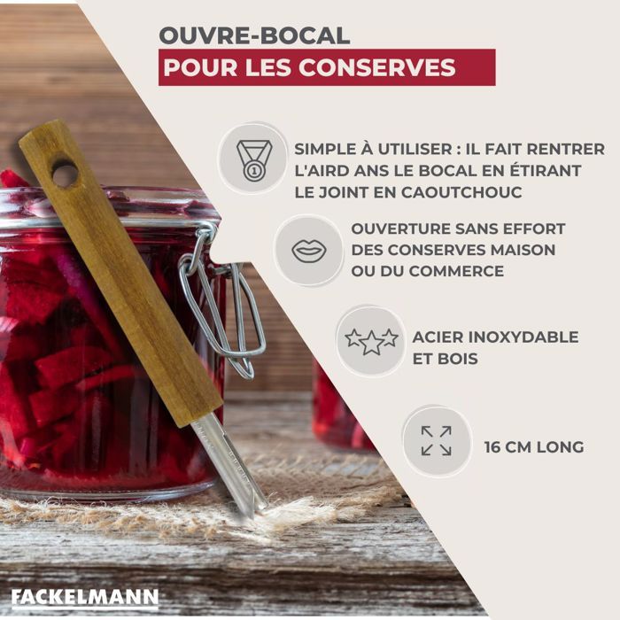 Ouvre bocaux - fackelmann - 30382 - bois - acier inoxydable - 22.5 cm