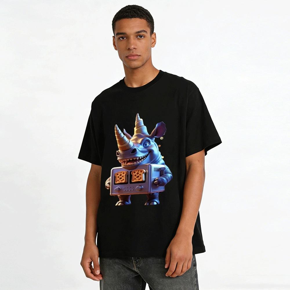Fun Two-Horned Rhino With Toaster Graphic Casual T-Shirt Pure Cotton T-shirt