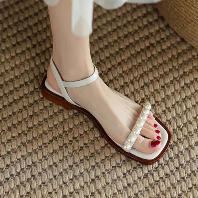 Fashion Women's Sandals 2025 Female Shoes Buckle Strap Fashion Daily Sandals Woman Square Toe Open Toe Low Heel String Bead Shoes Women