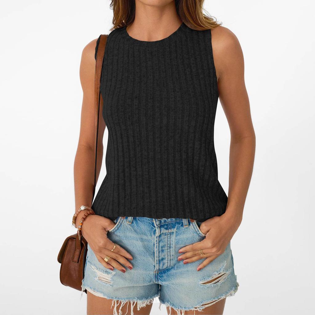 Summer New Women's Solid Color Sleeveless Knit T-Shirt Casual Round Neck Tank Top