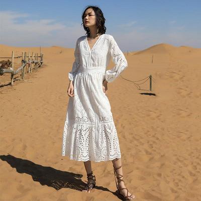 Spring/Summer 2025 Women's White Pure Cotton V-neck A-line Long Dress - F2075