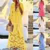 Elegant Lace Fringe Maxi Dress with V-Neck and Flared Sleeves In Yellow, Pink, White, Blue