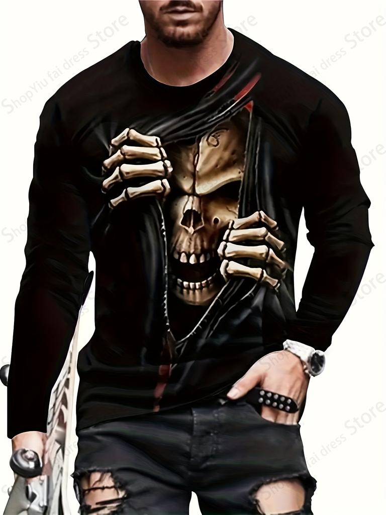 Halloween Men's Long Sleeve T-shirt 3d Skull Skeleton Print Graphic T Shirts Men Fashion Hip Hop Tops Tees Men's Clothing Horror