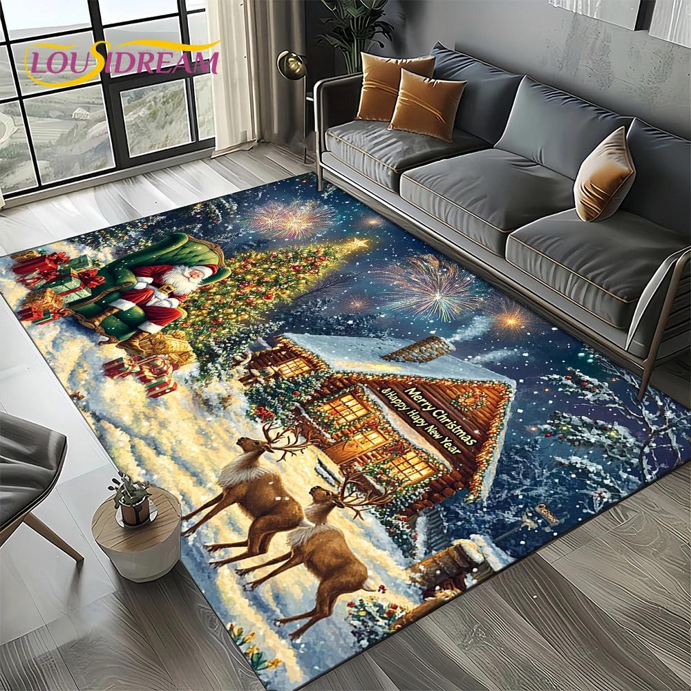 2025 Merry Christmas Tree Santa Claus,New Year Fairy Tale Gift Carpet Rug for Home Bedroom Sofa Doormat Decor,Non-slip Floor Mat