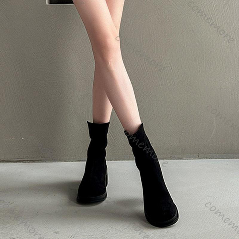 Comemore Retro British Style Chunky Heeled Short Boots Autumn Women's Shoes Solid Suede Versatile High-heeled Botines