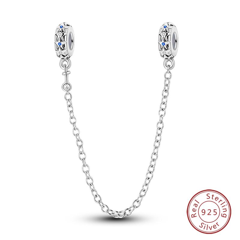 Real 925 Silver Stars & Moon Sunflower Safety Chains Spacer Beads Charms Fit Qikaola 925 Bracelets DIY Jewelry