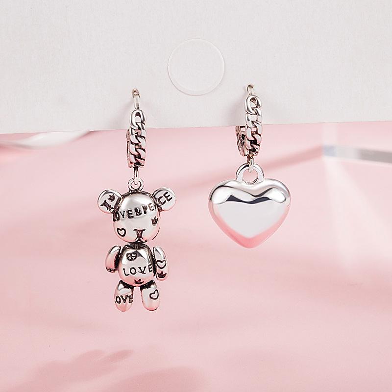Retro Korean Asymmetrical Bear & Heart Letter Earrings - Women's Unique Creative Ear Hoops & Cuffs
