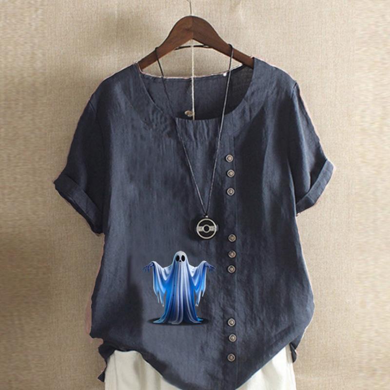 Women's Fashion Ghost Prined Round Neck Short Sleeve T-shirt Casual Cotton Linen Graphic Shirt Leisure Loose Summer Blouse Tops