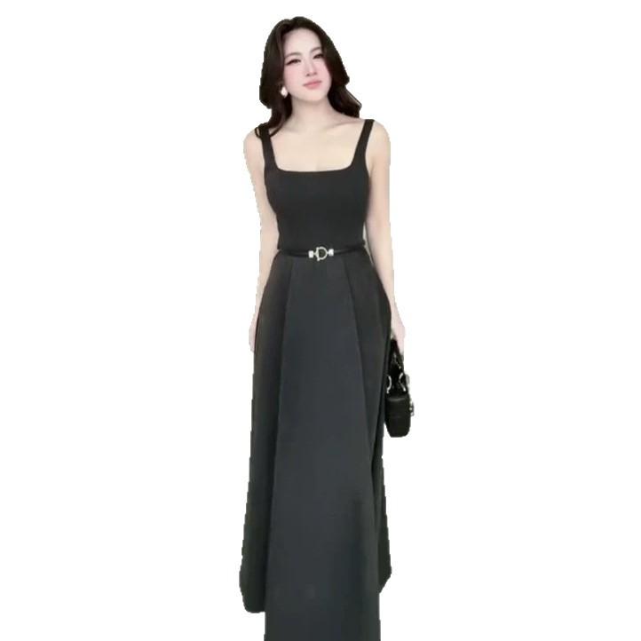 European Beautiful Woman Spring and Autumn New Vest Skirt Square Collar Waist Dress Thin Sleeveless Big Swing Dress