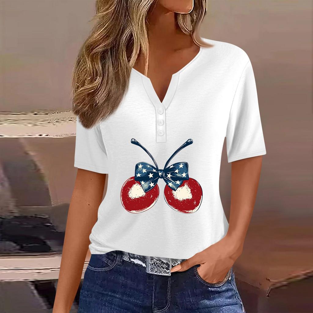 Women's T Shirt Tee Independence Day Print Button Short Sleeve Daily Weekend Fashion Basic V-Neck Regular Top