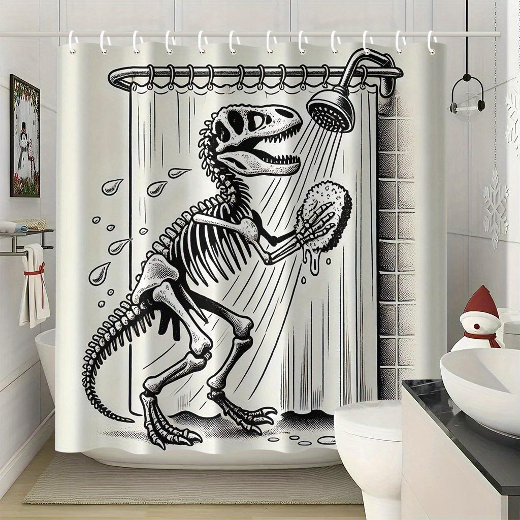 Schwarz-Weiß Dinosaurierskelett Illustration Duschvorhang 1 Stück Mit 12 Haken Für Badezimmer Heimdekoration Polyester 70,8x70,8 Zoll