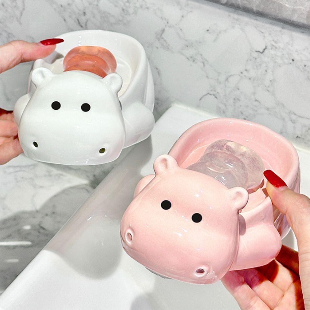 

Cute Drain Soap Shelf Cartoon Ceramic Soap Dish Portable Hippo Soap Box Bathroom Style 2
