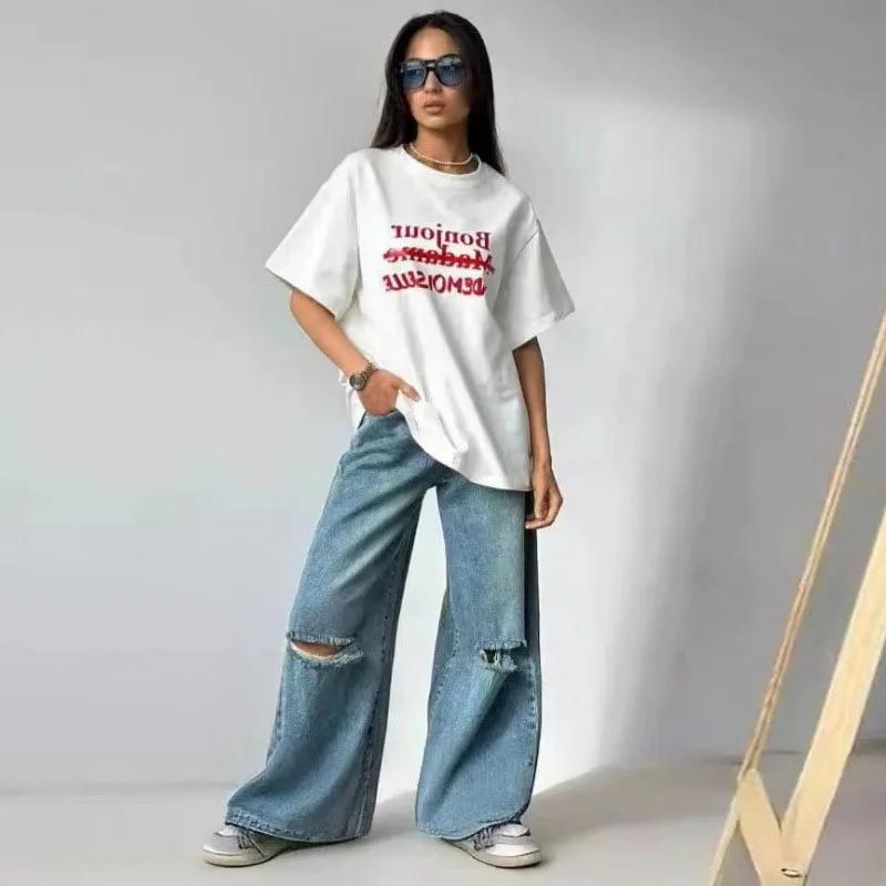 

Шикарні футболки з принтом літер у формі серця Жіночі Вільні з круглим вирізом та рукавом три чверті Оверсайз Жіноча футболка 2025 Літня мода Жіночий верхній одяг XL