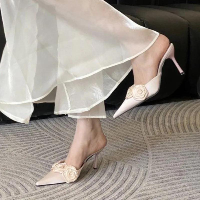 Fashion Pink Rose Flower Mules Stiletto Heels Pointy Toe Satin Slip On Summer Sexy Lady Elegant Dress Bride Wedding Sandals Slippers