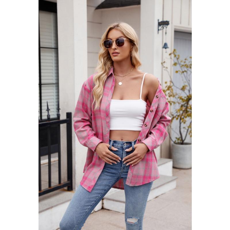 Vår og høst for kvinner Uformelt mote Spice Girls Løs rutete skjorte