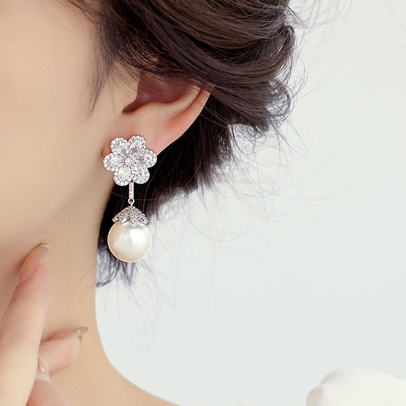 Light Luxury Micro-Inlaid Flower Cherry Blossom Pearl S925 Silver Needle Earrings European And American Micro-Inlaid Zircon Jewelry Factory Wholesale