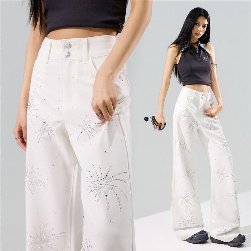 Spring Summer Firework Bling Rhinestone Wrinkle Resistant Four Way Stretch Drape Micro Flare Casual Denim Pants For Ladies Casual Denim Trousers
