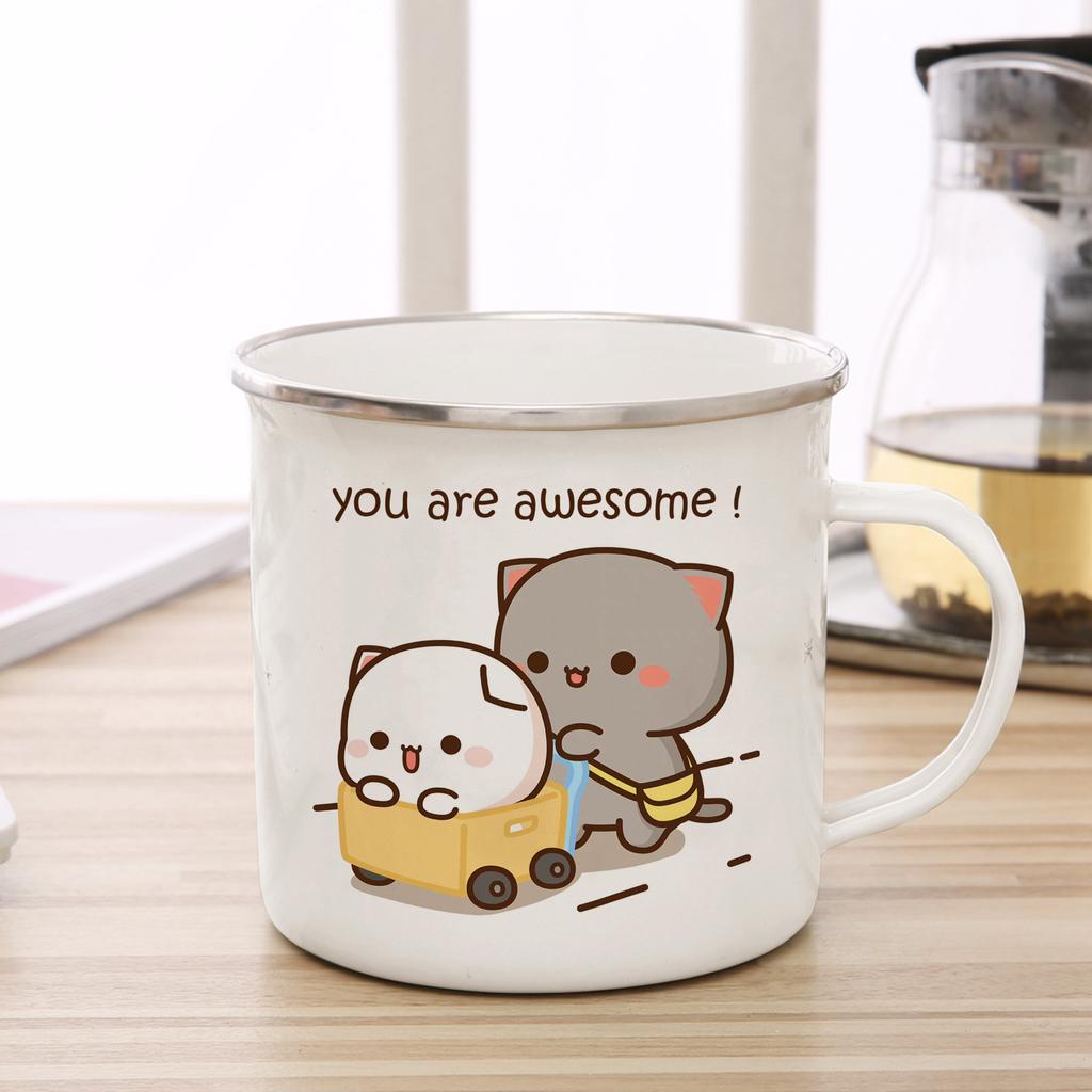 Nuovo gatto Peach e Goma Tazza smaltata Caffè Tazza da tè simpatico animale Colazione Dessert Tazza di acqua di latte regalo di coppia