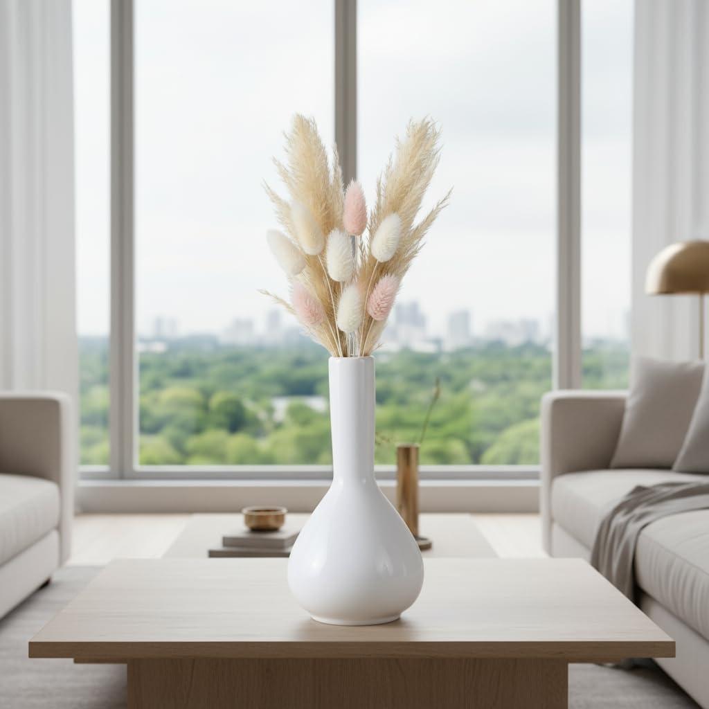 Raindrop White Ceramic Bud Vase 5.31 Inch - Set of 1 | Glossy White Decorative Bud Vase for Dried Flowers & Pampas Grass