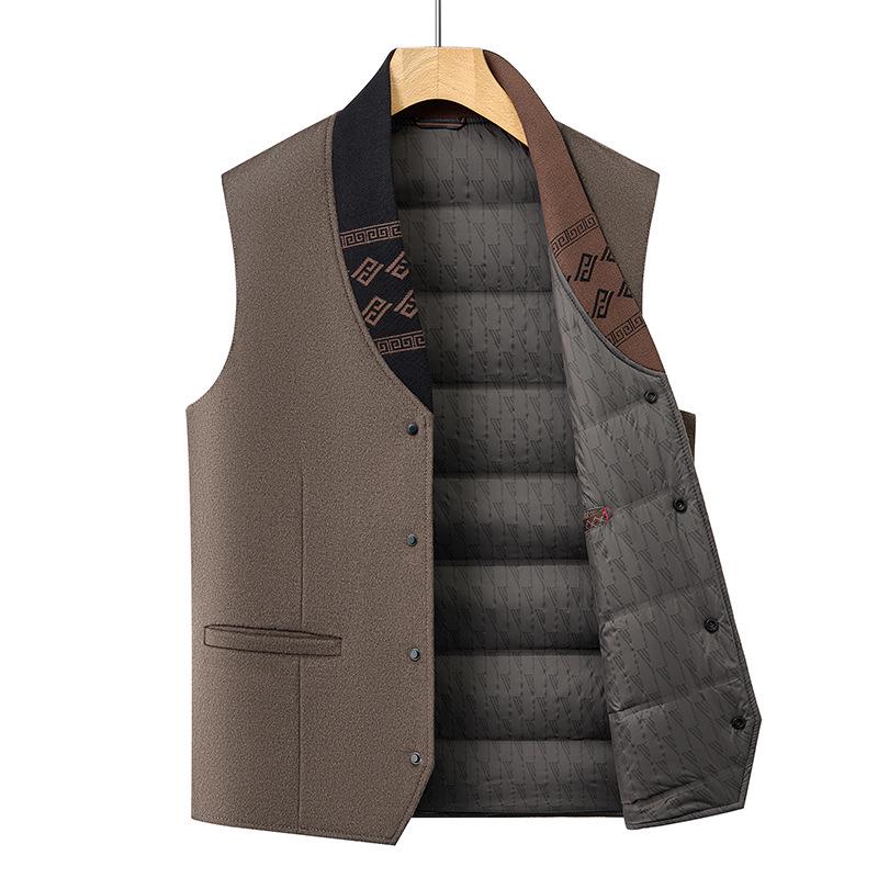 Men's 2025 Winter 100% Wool Tweed Down Vest - White Duck Down, Business Casual Style