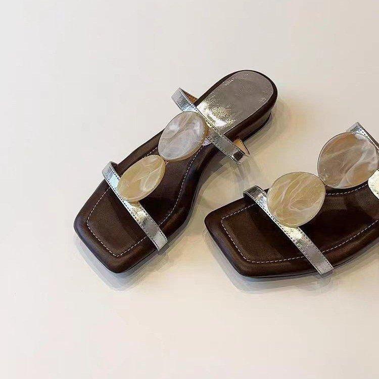 Sheepskin version~ New one-word with square head, open-toed cool slippers, women's retro bohemian flat-bottomed slippers