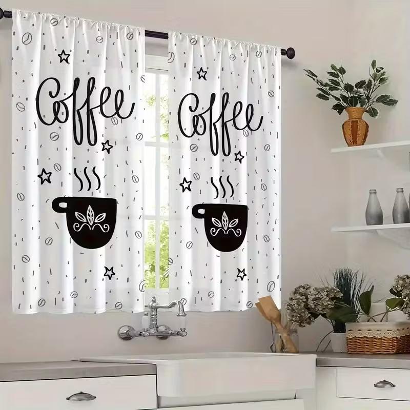 Moderne Kaffeemuster Vorhänge Dekorative Sichtschutz Polyester Paneele Küche Café Wohnzimmer Fenster Dekor Set von 2 Mit Stangentasche Gemacht Groß