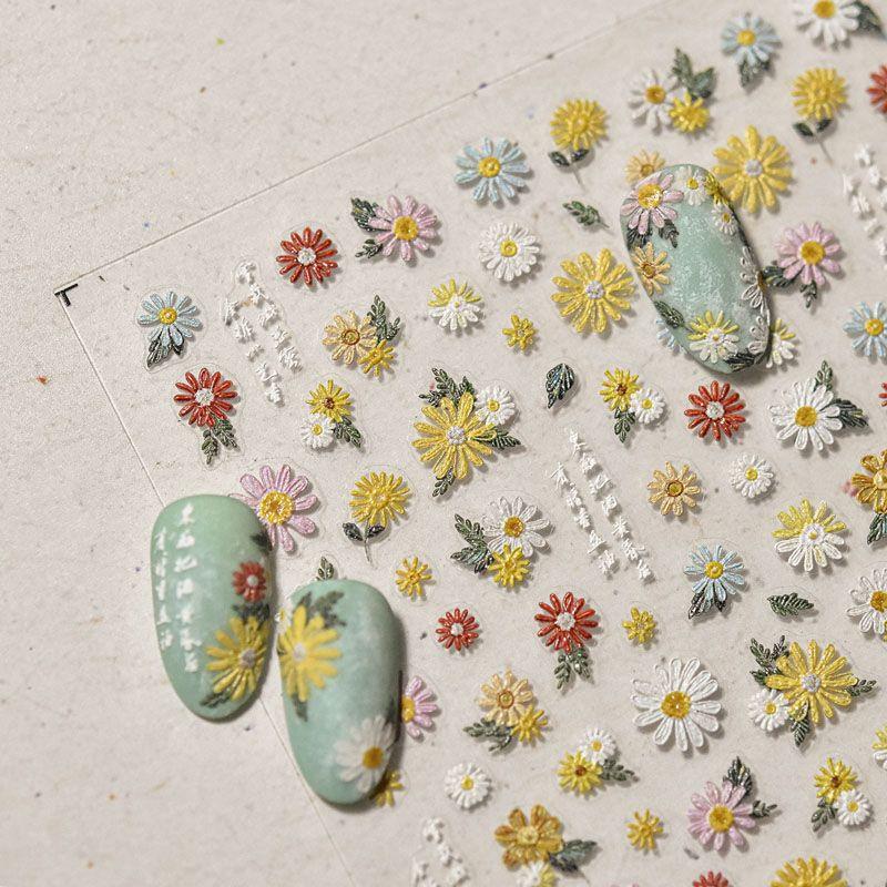 

Bellis Perennis Nail Art Sticker Relief New Arrival 3D Internet Celebrity Adhesive Japanese Style Retro National Style Nail Sticker Decorations Embroider Daisy 4905
