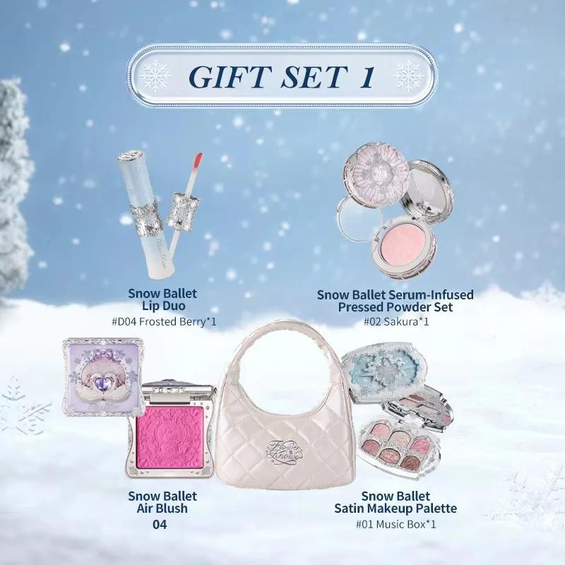 Flower Knows Snow Ballet Weihnachten Make-up Geschenkset Lidschatten, Rouge, Lipgloss Fixierpuder mit Kosmetiktasche Schönheitskollektion