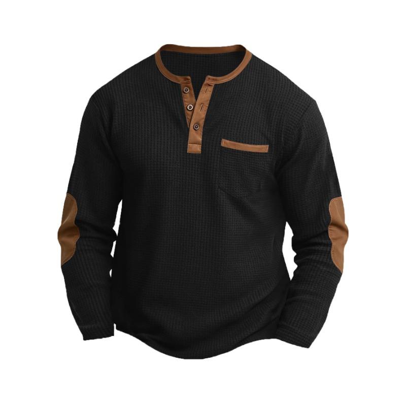 Men s Waffle Knit Henley Long Sleeve Shirt Contrast Leather Patch Pocket Elbow Patch Casual Top S