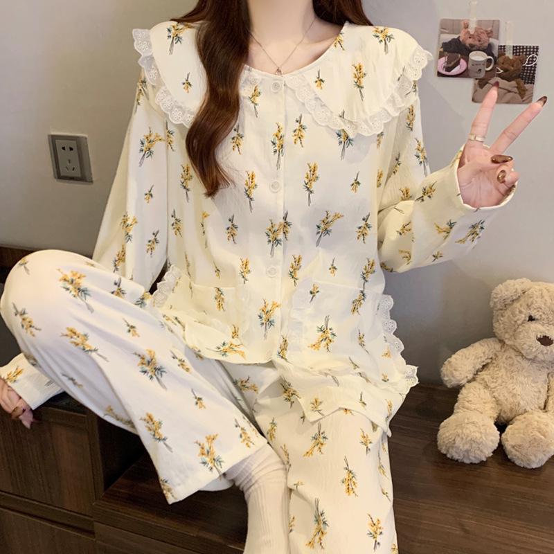 Women's Cartoon Lace Peter Pan Collar Cotton Pajamas - Long Sleeve, Spring/Fall, Winter Style