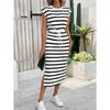 Ropa de mujer europea y americana vestido casual de cuello redondo con rayas blancas y negras y abertura en el bajo