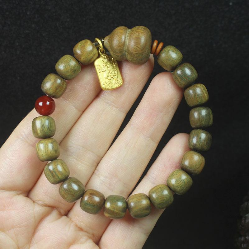 Green Sandalwood Old-Style Bead Bracelet with Gourd & Fortune Pendant Forest Style Gift