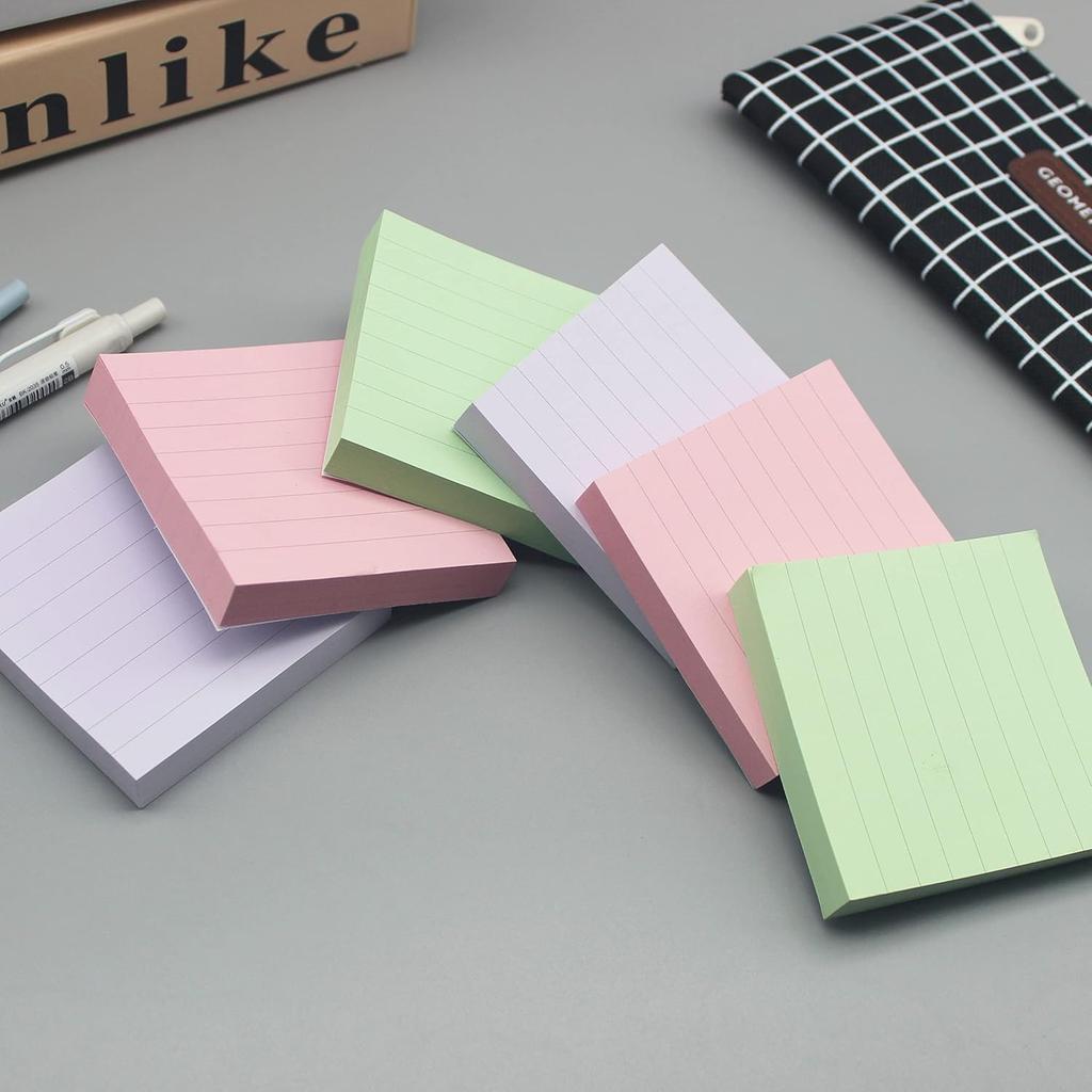 Lined Pop Up Sticky Note 3x3 inch, 6 Pack Accodian Stlye Self-Sticky Notes with Lines, Light Green Pink Purple Color, 100 Sheet/Pad Easy Post