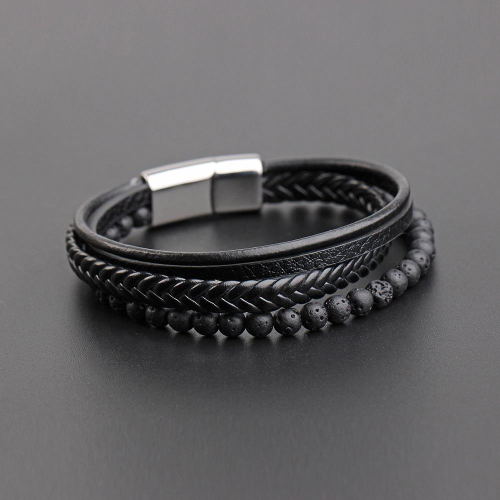 European  American Men s Retro Handmade Woven Leather  Stainless Steel Bracelet