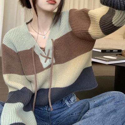 2025 Herbst Hong Kong Stil Colorblock Schnürung Gestreifter Strickpullover für Damen