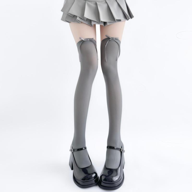 Lolita Socks Bow Knee Socks Calf Socks Gray JK Stockings Women's Ribbon Butterfly Long Socks