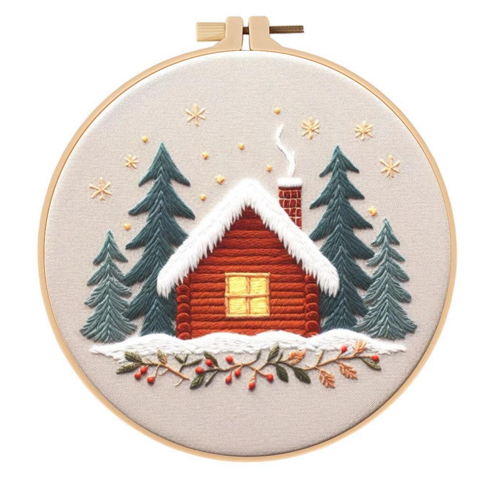 1set Christmas Embroidery Kit, Christmas Cottage Embroidery Material Kit, Suitable for Beginners DIY Embroidery, Handmade Fabric Material Kit