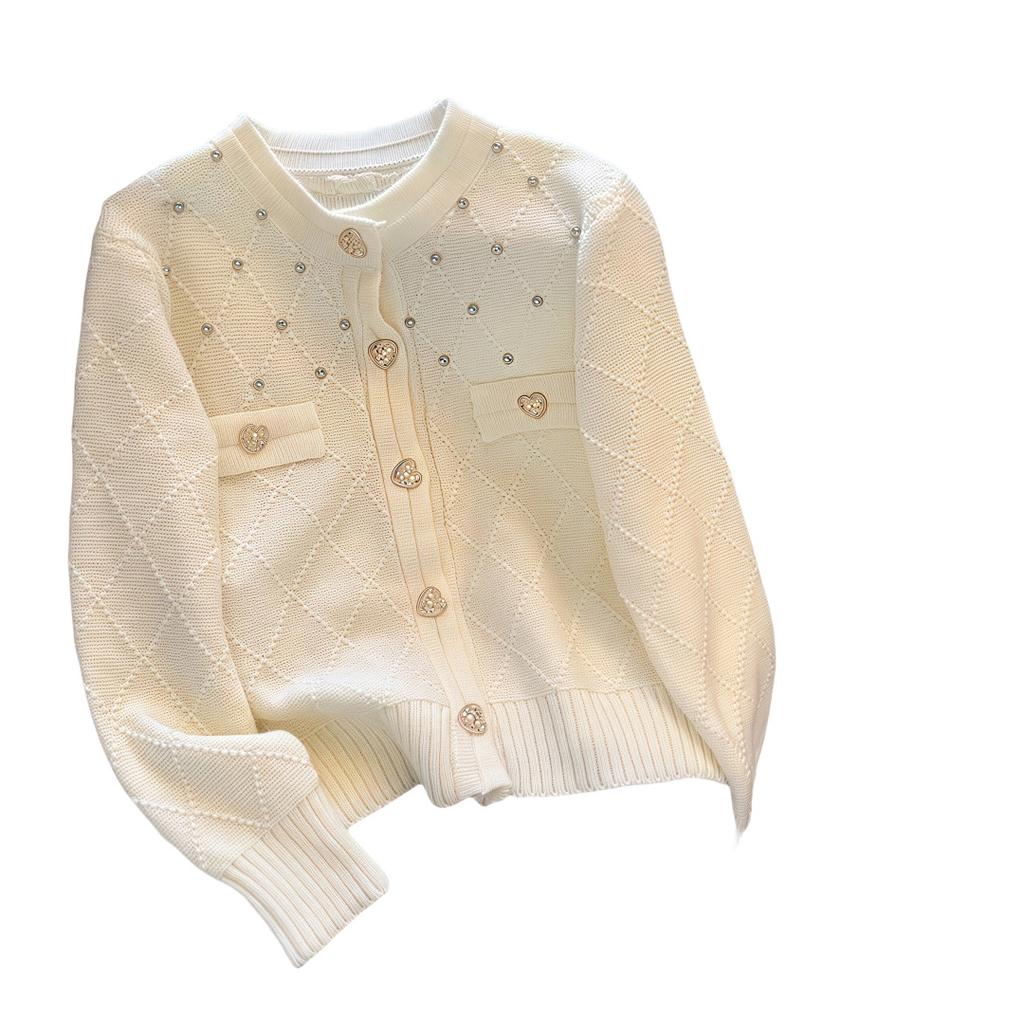 Knitted Wool European and American Small Fragrance Style Socialite Style Round Neck Cardigan with Women's Pattern Diamond Grid Texture Coat