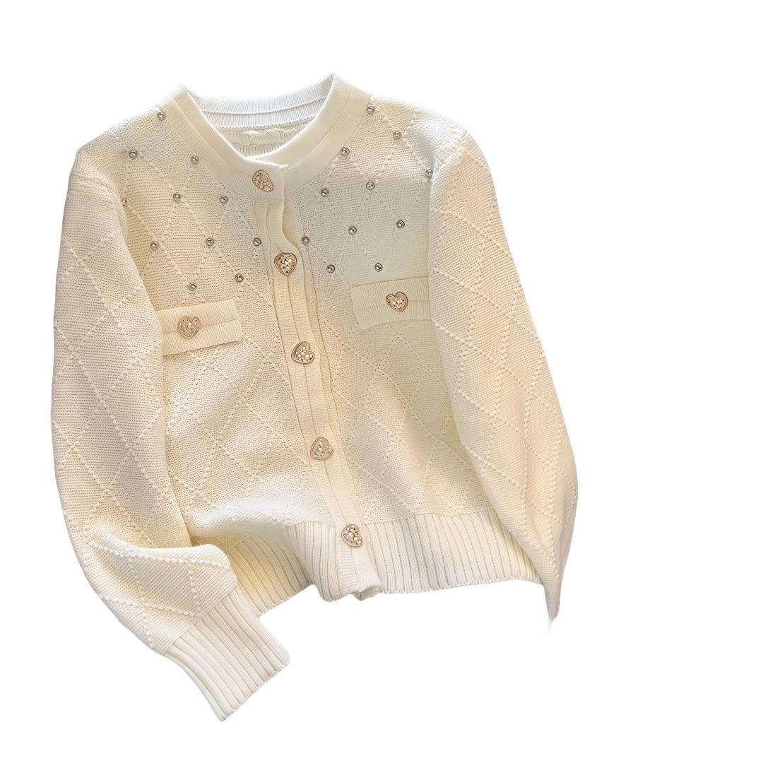 

Knitted Wool European and American Small Fragrance Style Socialite Style Round Neck Cardigan with Women s Pattern Diamond Grid Texture Coat One size fits all білий