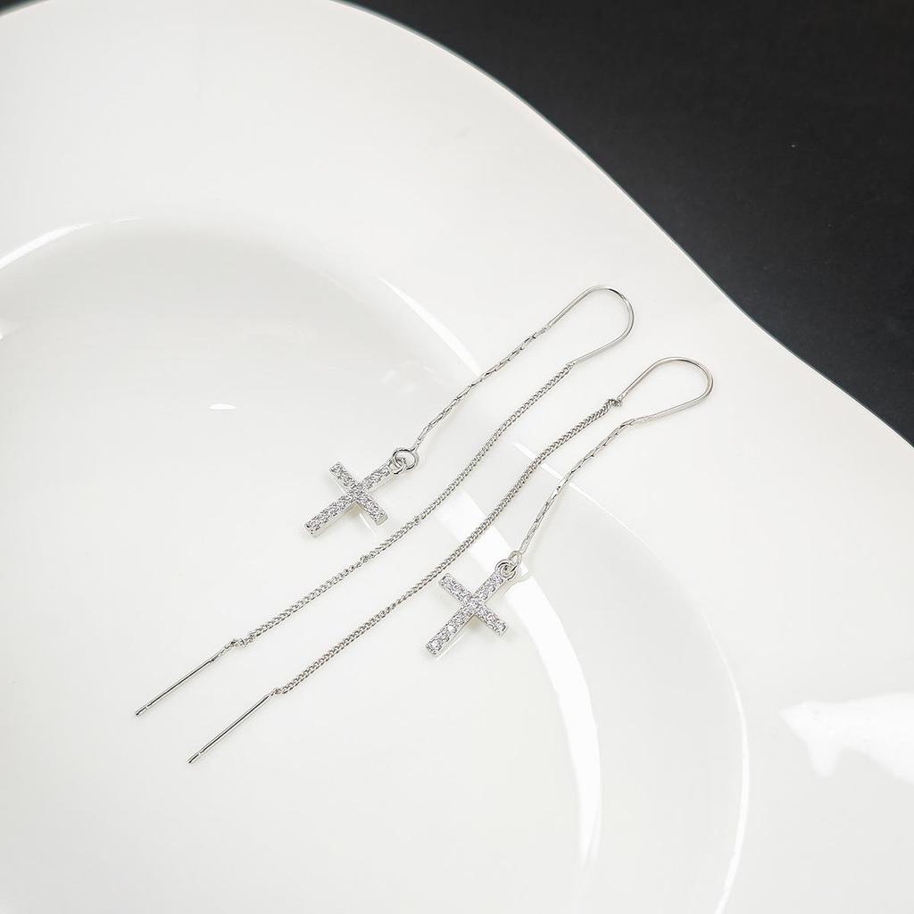 Elegant Korean-Style Long Tassel Cross Earrings with Inlaid Diamonds for Women