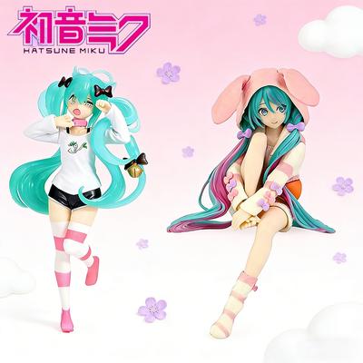 14cm Anime Merch Hatsune Miku Noodle Stopper Figure Pink Bunny Ear Pajamas Ver. Standing Ver. PVC Model Doll Desktop Decoration