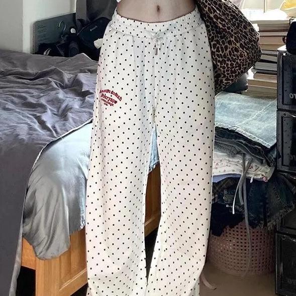 Women's High-Waist Polka Dot Wide-Leg Embroidery Pants - Casual Spring/Summer Straight-Leg, Loose-Fit, Slimming Style.