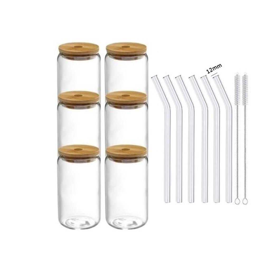 1/4/6pcs Set Glass Cup With Lid and Straw Juice Glass Beer Can Milk Mocha Cup Transparent Bubble Tea Cup High Borosilicate Glass