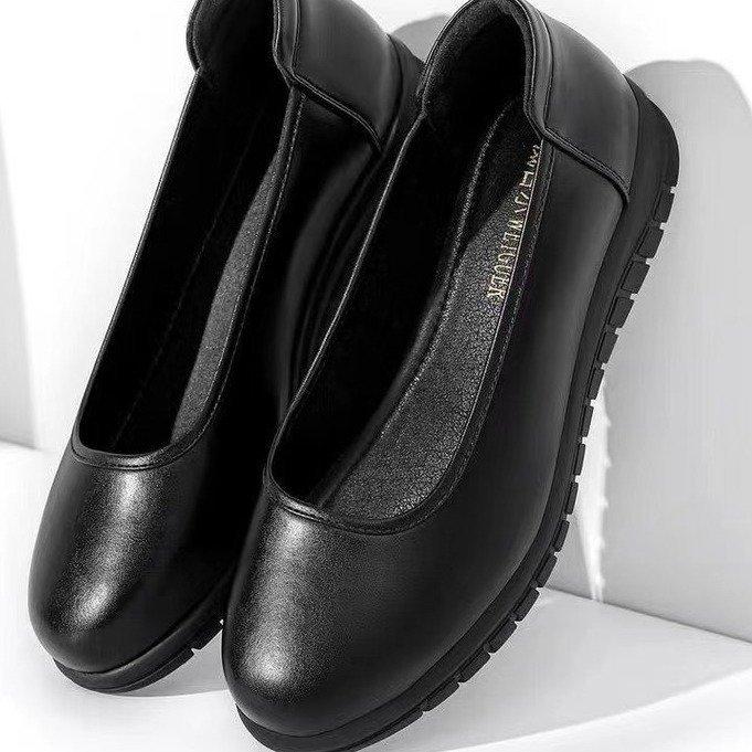 Work Shoes Women's Single Shoes Soft Sole Non-slip Round Head Hotel Work Shoes Middle-aged and Elderly Mother Grandma Women Flat Leather Shoes
